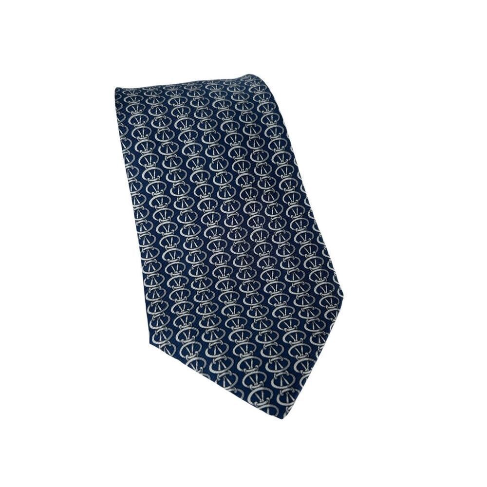 Hermes Vintage Equestrian Blue And Grey Silk Tie